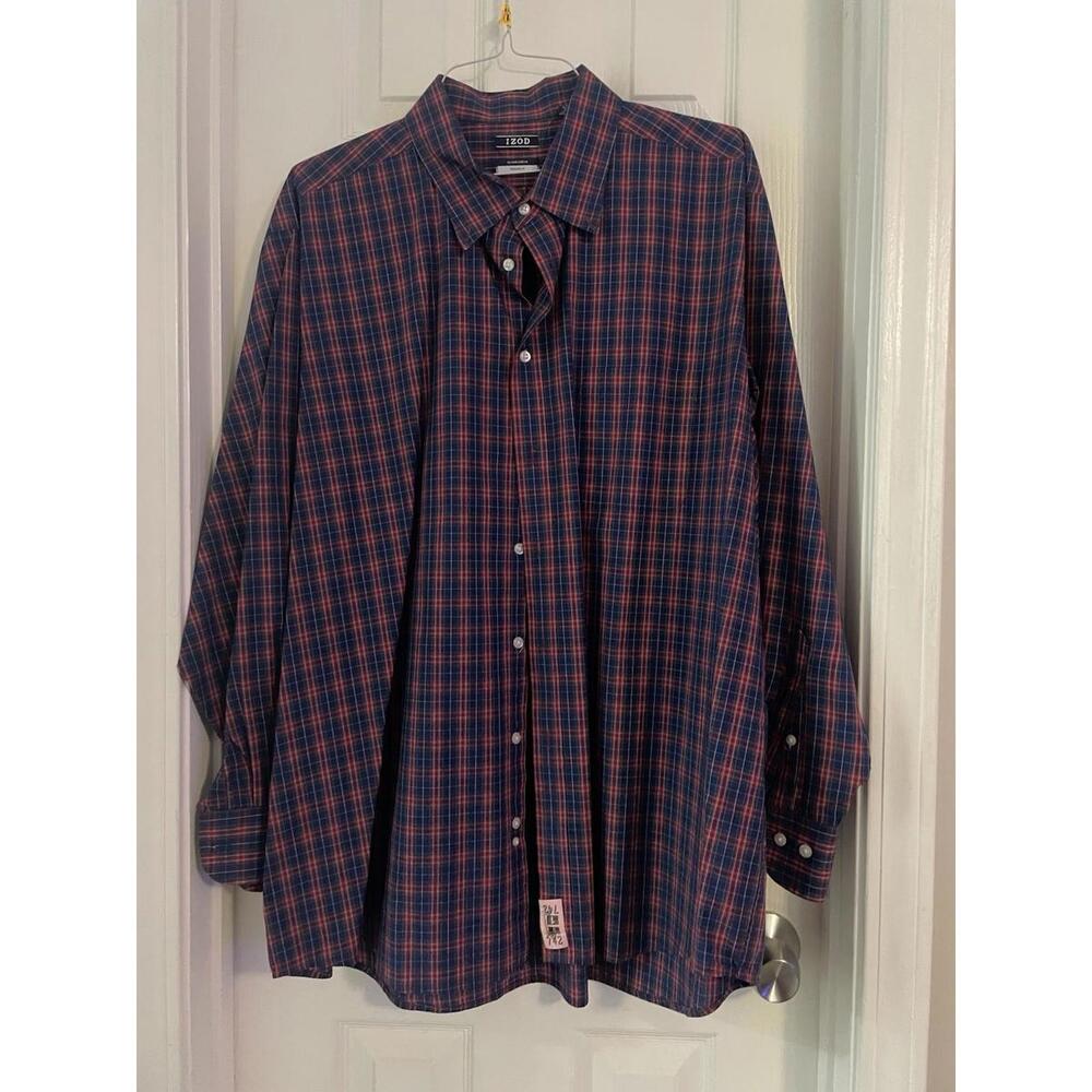 IZOD Button Down Dress Shirt - Men’s 2XL 18-18.5 34:35 - Red & Blue Checkered